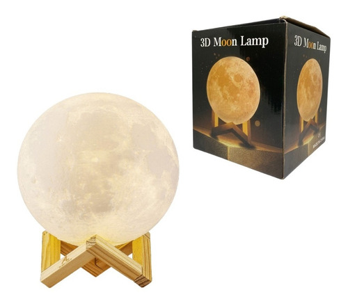 Lámpara Luna Recargable 3d Led Base Madera Moon Usb