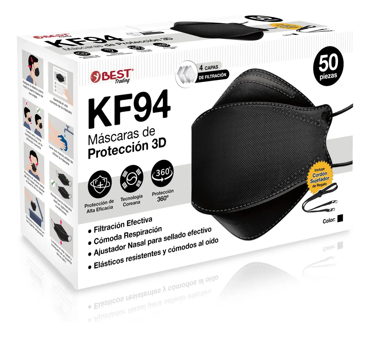 Best Trading 50 Cubrebocas KF94 Certificado Desechable, Mascarilla De Protección Tipo Coreano Con 4 Capas De Protección Contra Partículas, Tapabocas Cómodos Con Ajustador Nasal Ocu