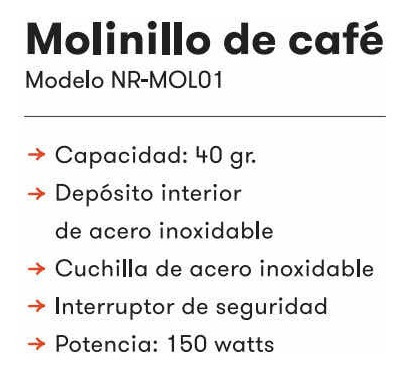 Imagen 2 de 7 de Molinillo De Cafe Electrico Nura 120w Hasta 40gr Inox