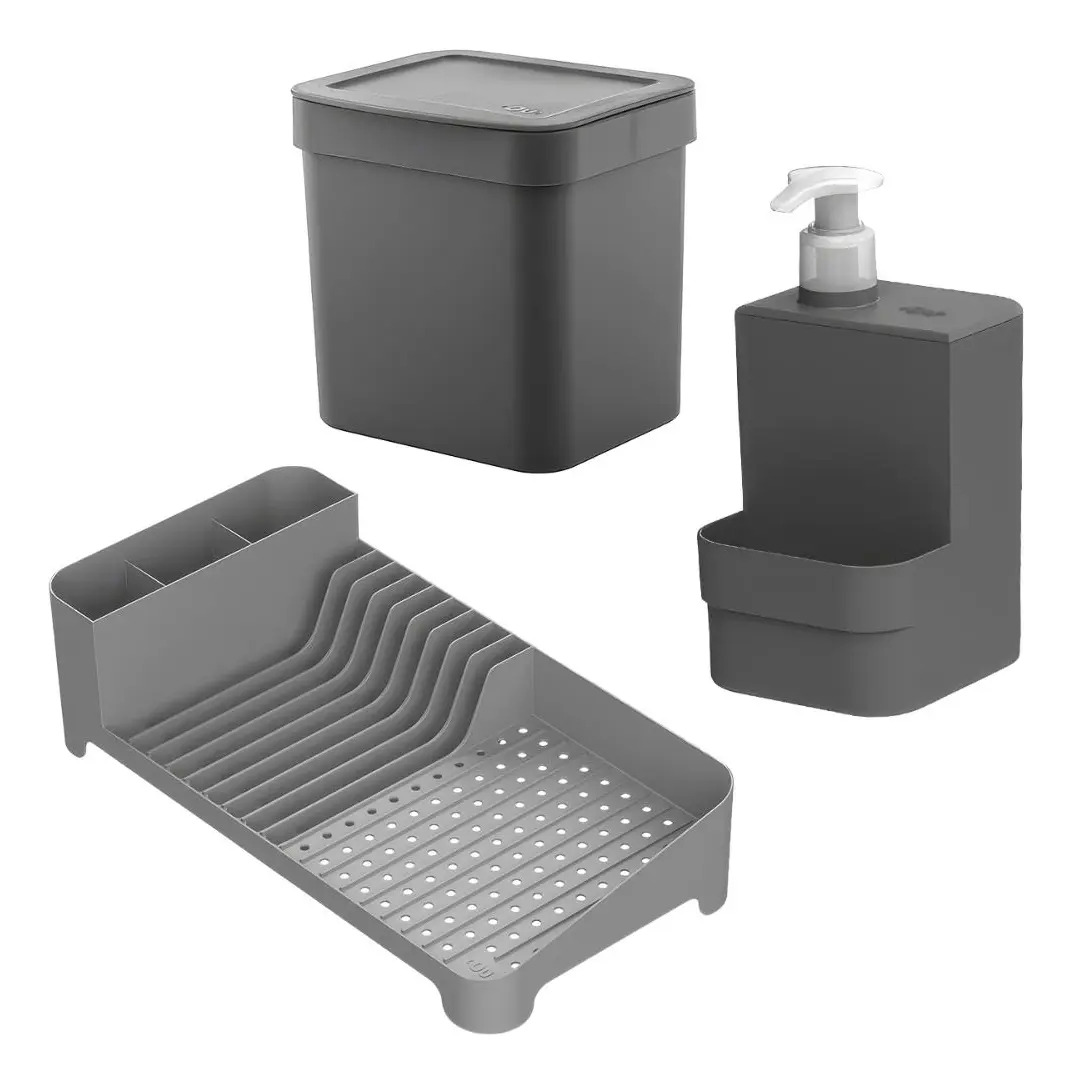 Kit Cozinha Trium Ou Escorredor Lixeira E Porta Detergente Cinza-escuro