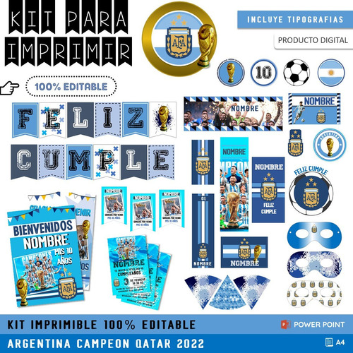 Pack Imprimible Cumple + Candy Editable - Argentina Campeón