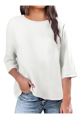 Top De Lino Liso De Lino Liso Para Mujer, Manga Corta, Talla