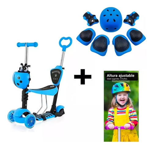 Scooter Monopatín 5 En 1 Ajustable + Set  Skate Azul