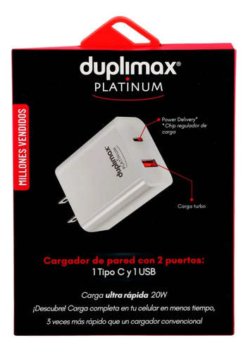 Cargador De Pared 2 Puertos 1 Usb Y 1 Usb C Duplimax, 310022