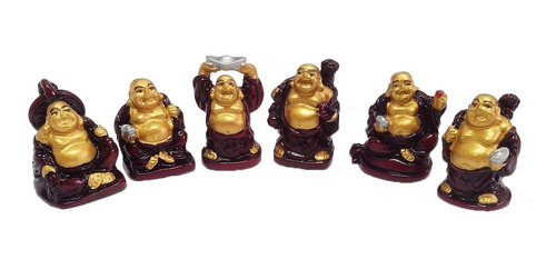Imagem 3 de 8 de Estatueta Buda Em Resina Vinho Com 6 Pçs 3,5cm Novo