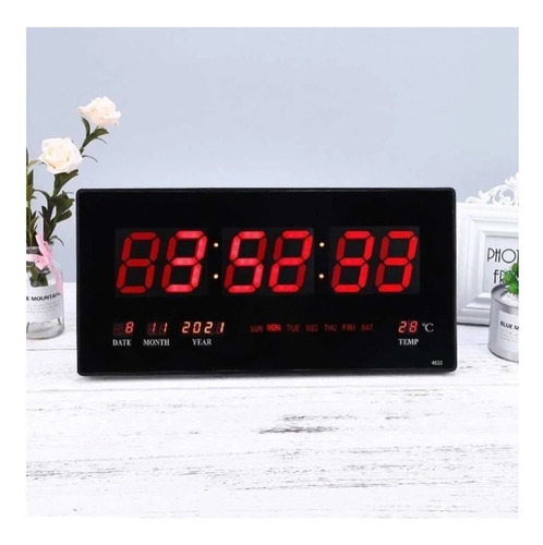 Reloj Digital Pared Luz Led Hora Fecha Temperatura 47x23cm