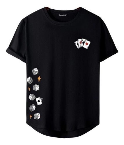 Playera De Hombre Negra Estampado De Pocker - Fit Long