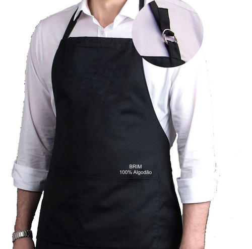 Kit 4 Aventais Brim C/ Bolso Churrasco Chef Garçon Evento Cor Preto Desenho Do Tecido Liso