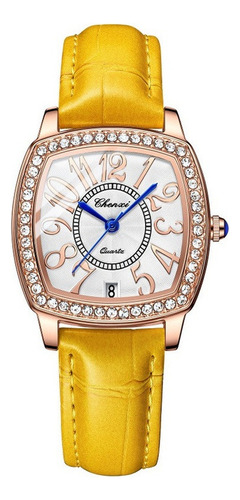 Reloj Con Calendario De Cuero Impermeable Chenxi Diamond Color De La Correa Amarillo