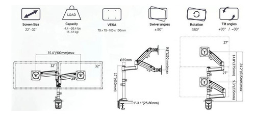 Imagen 11 de 11 de Soporte Brazo Monitor Para 2 Pantallas Lcd Led Escritorio Color Negro