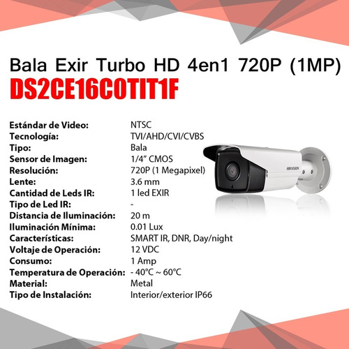 Cámara Bala Exir Hikvision Turbo Hd 4en1 720p Ds2ce16c0tit1f