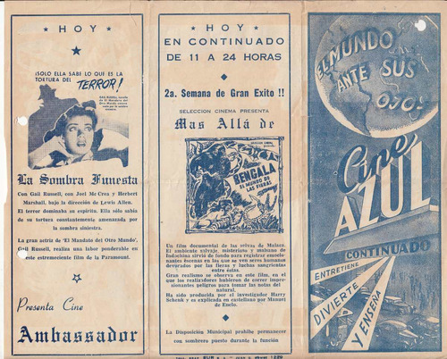 1945 Programa Sala Cine Azul De Montevideo Vintage