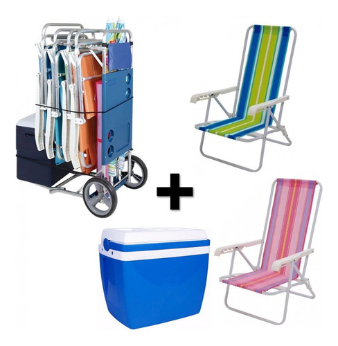 Kit Carrinho De Praia Com Avanço + 2 Cadeiras 4 Posições Em