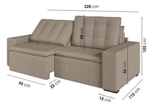 Sofá Cama Retrátil E Reclinável 3 Lugares 220cm Em Veludo