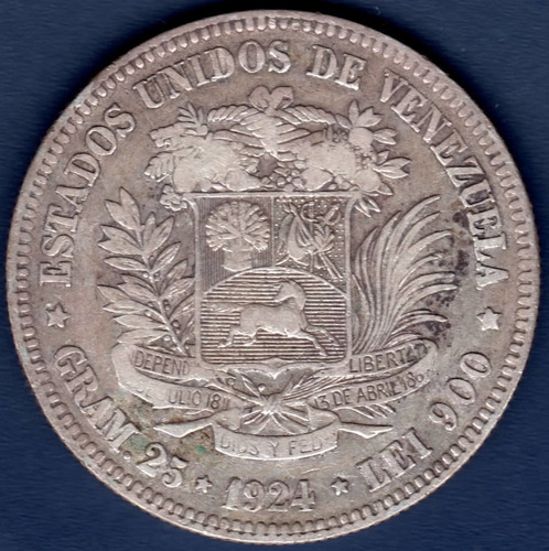 Moneda De 5 Bolívares De 1924 Fuerte De Plata