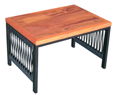 Mesa De Centro Corda Náutica Est. Aço Com Tampo De Madeira. Cor Preto