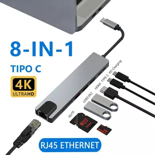 Hub Adaptador Usb Tipo C Multipuerto 8 En 1 Con Ethernet