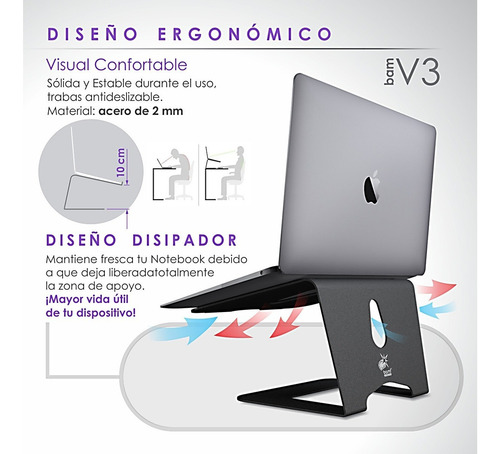 Imagen 6 de 8 de Soporte Base Notebook Bam V3 Mac-pc 11 A 16 Metal Premium!!!