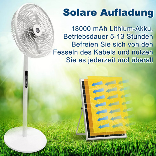 Ventilador Solar 16 Recargable De Batería Grande Silencioso Con 5 Aspas Y Usb,35000mah Ventilador Solar Recargable Con Control Remoto,Ventiladores De Piso Ajustable 16in Con Remoto 3 Vel,Blanco