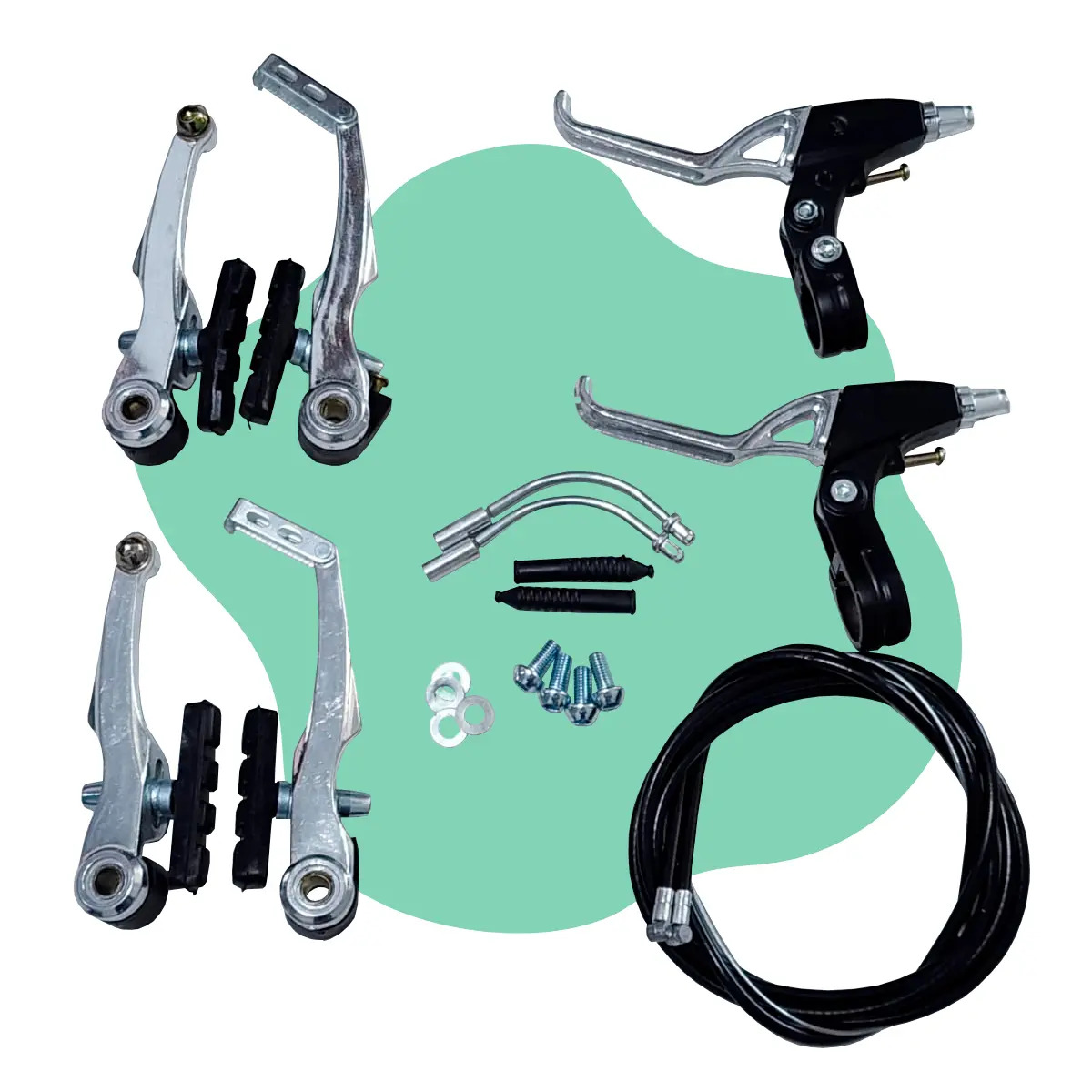 Kit Freio V-brake Completo Para Bicicleta Par Manete Em Alumínio Polido Cabos E Conduítes Mtb Bike