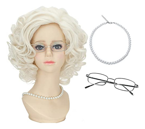 Uniquebe Short Old Lady Wig White For Kids Girls F29xc