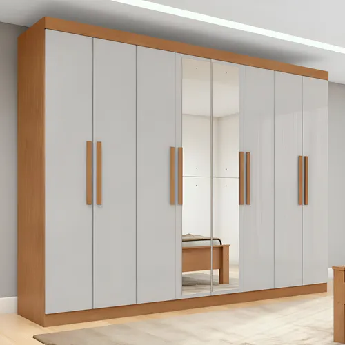 Guarda-roupa Casal Easy Slim 8 Portas C/ Espelho Amendoa/off Amêndoa Clean/off White