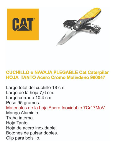 Imagen 2 de 7 de Cuchillo O Navaja Plegable Cat Caterpilar 980047 Hoja Tanto