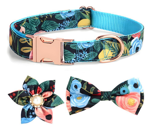 Accesorios Para Paseo Con Estampado Floral Para Perro Y Gato Color Azul Claro Tamaño Del Collar Mediano