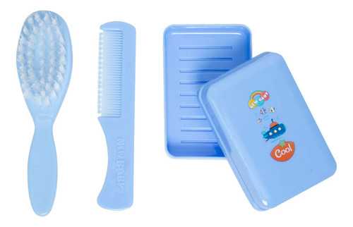 Kit Escova E Pente Bebe Banho Azul Azul