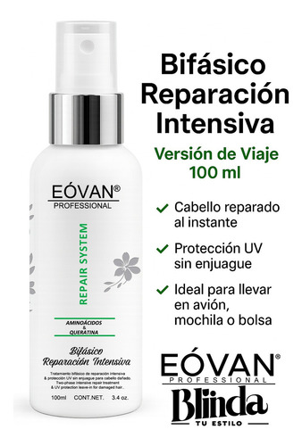 Tratamiento Bifásico Reparación Cabello Viaje Eóvan 100ml