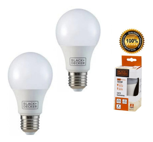 2 Lâmpada Led 15w Bulbo Branca 6500k E27 Bivolt Black+decker