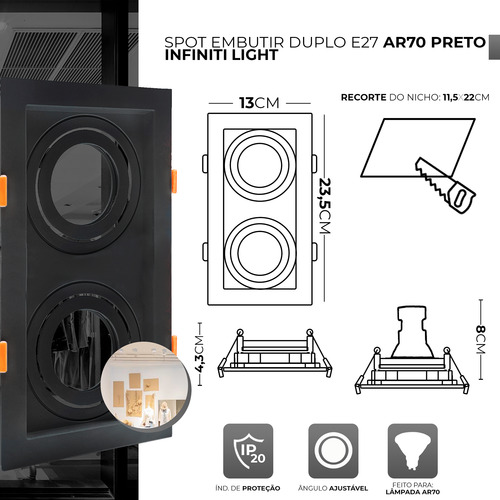 Spot Duplo De Embutir Ar70 + Lâmpada Led Ar70 4,8w