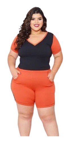 Conjunto Plus Size Bermuda + Blusa Verde E Terracota G2 Cbb