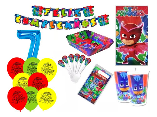 Kit Decoración Pj Mask X24 Niños + Bombas Latex + Numero