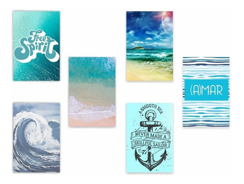 Kit 6 Quadros Placas Decoração Mar Praia Areia Amar Verão Cor Azul Cor da armação Não Possui