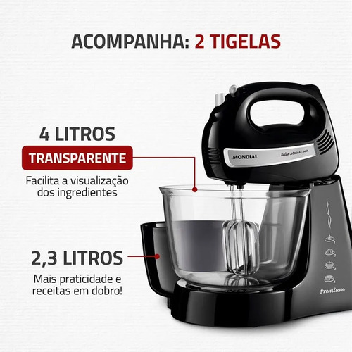 Batedeira Bella Massa Inox 220v Mondial Nb-23 500W 4 Velocidades