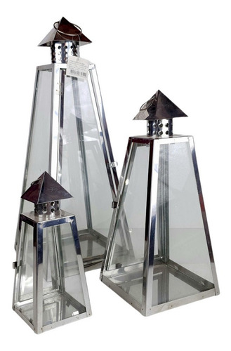 Conjunto Lanterna Inox Vidro| 58 Larg X 36 Alt X 58 Prof