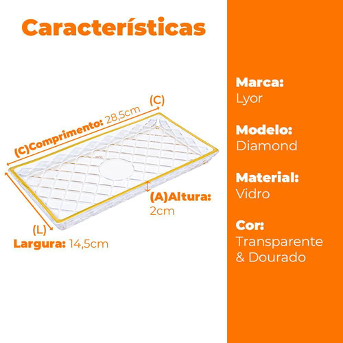 Travessa De Vidro Retangular Diamond Fio De Ouro Lyor
