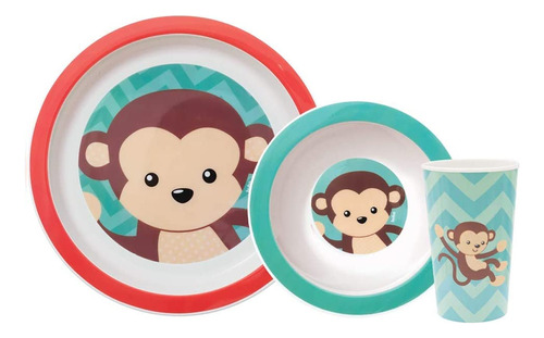 Kit Alimentação Do Bebê Prato Tigela Copo Animal Fun Macaco