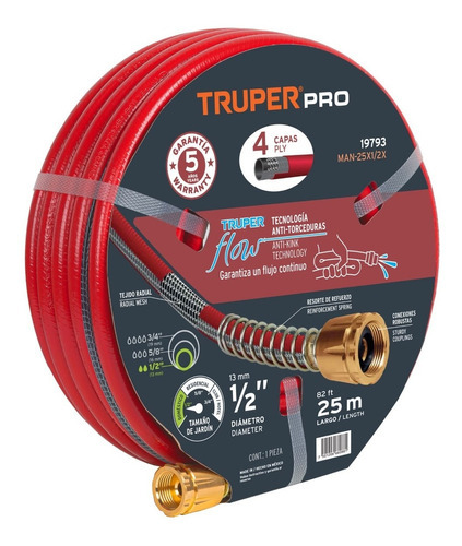 Manguera De Riego Super Reforzada 4 Capas Truper Rollo X 25m Color Rojo