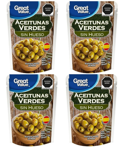4 Aceitunas Verdes Great Value Sin Hueso 190g C/u