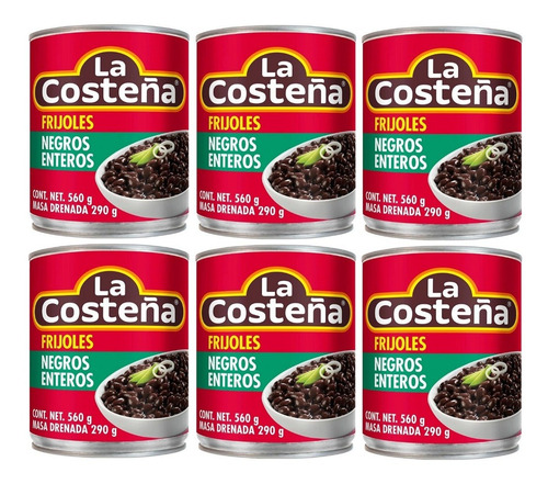 6 Latas De Frijoles Negros La Costeña Enteros 560g Cada Una
