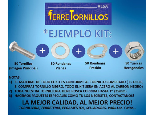 Kit Tornillo Hexagonal Inox. Nc 1/2'' X 7 1/2'' (50 Pzs)