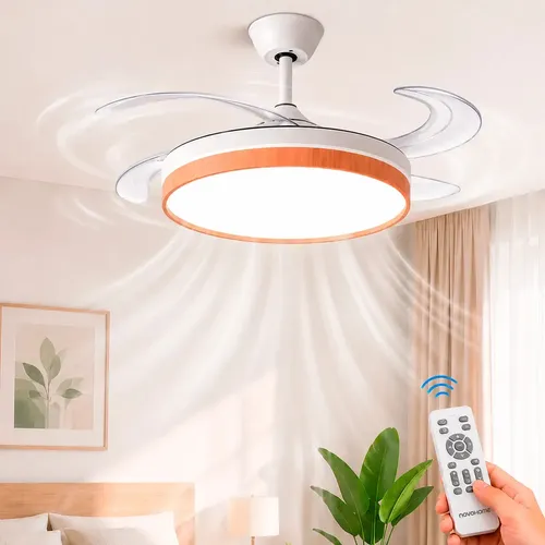 Ventilador De Techo Retracil Novohome Luz Led Y 4 Aspas Retractiles Silencioso Con Control Remoto Color Blanco Y Madera Estilo Bamboo