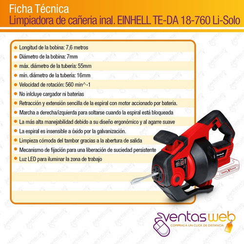 Imagen 9 de 10 de Maquina Destapa Cañeria Tuberia Inalambrica Einhell Sola