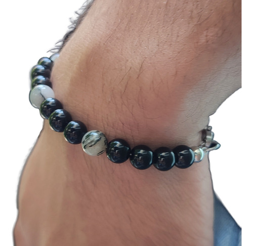 Pulsera De Piedra Obsidiana Y  Cuarzo Turmalinado Hombre