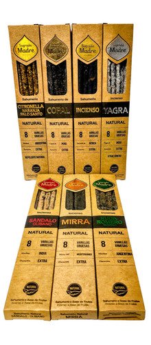 Sahumerios Sagrada Madre Linea Natural Pack 7 Fragancia: INCIENSO NATURA, MIRRA NATURAL, COPAL NATURAL, YAGRA NATURAL, RUDA ROMERO NATURA, CITRONELA NARANJA PALO SANTO NATURAL, SANDALO Y OLIBANO NATUR
