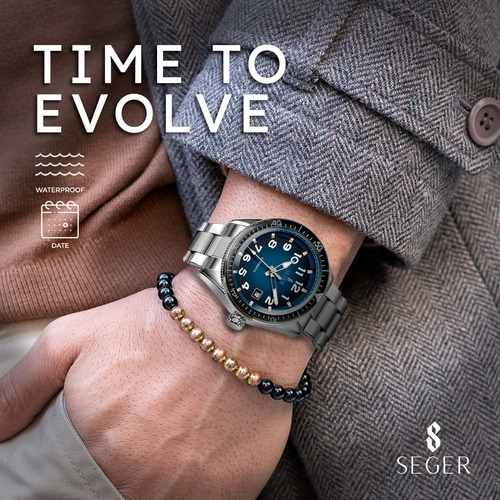 Reloj Hombre Seger 9232 Original Eeuu Elegante Automatico Color De La Malla Plateado Color Del Fondo Negro