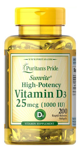 Vitamina D3 Puritan's Pride Alta Potencia 25mcg 200 Cápsulas Sabor Sin Sabor