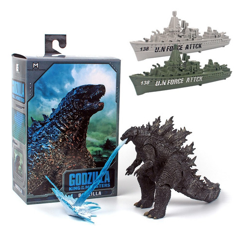 Figura Articulada De Godzilla Negro + Dos Buques De Guerra